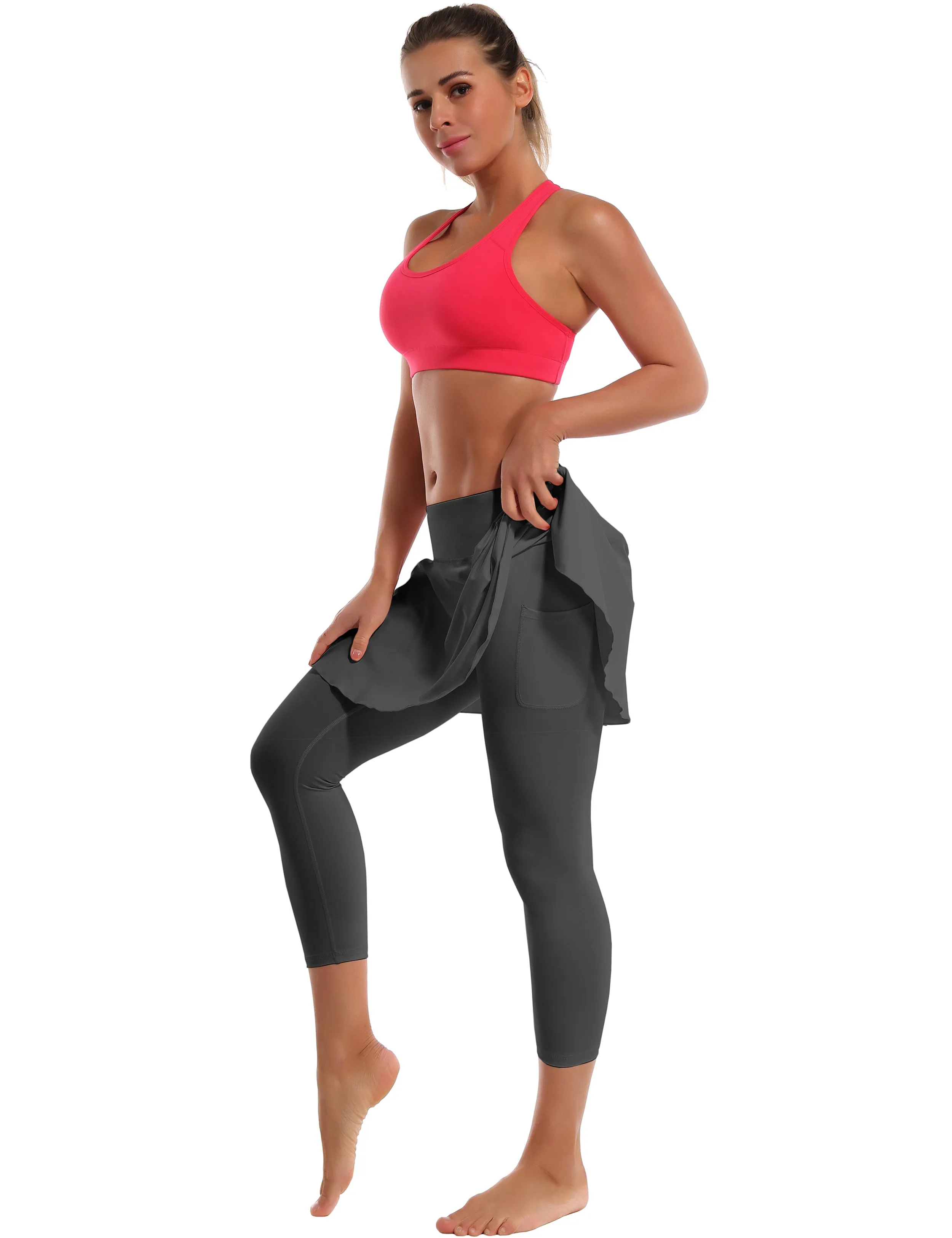 19" Capris Tennis Golf Skirted Leggings with Pockets shadowcharcoal_Jogging