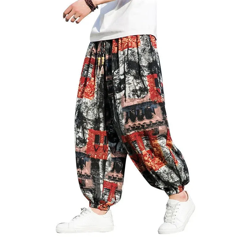 Chinese Traditional Dress Plus Size Thai Elephant Flower Pants Oversized Harem Pants Men Clothing Thin Beach Jogging Pants