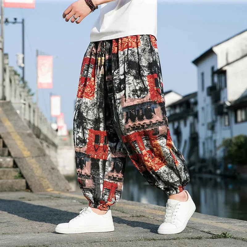 Chinese Traditional Dress Plus Size Thai Elephant Flower Pants Oversized Harem Pants Men Clothing Thin Beach Jogging Pants
