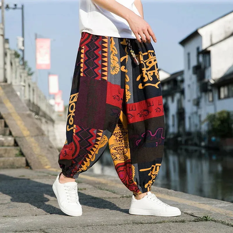 Chinese Traditional Dress Plus Size Thai Elephant Flower Pants Oversized Harem Pants Men Clothing Thin Beach Jogging Pants