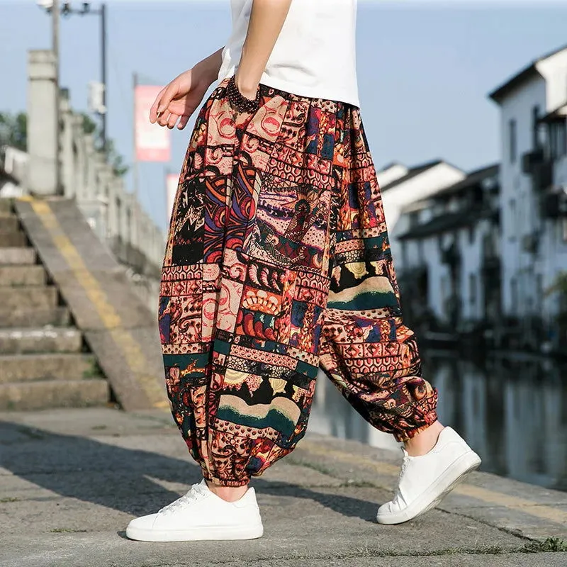 Chinese Traditional Dress Plus Size Thai Elephant Flower Pants Oversized Harem Pants Men Clothing Thin Beach Jogging Pants