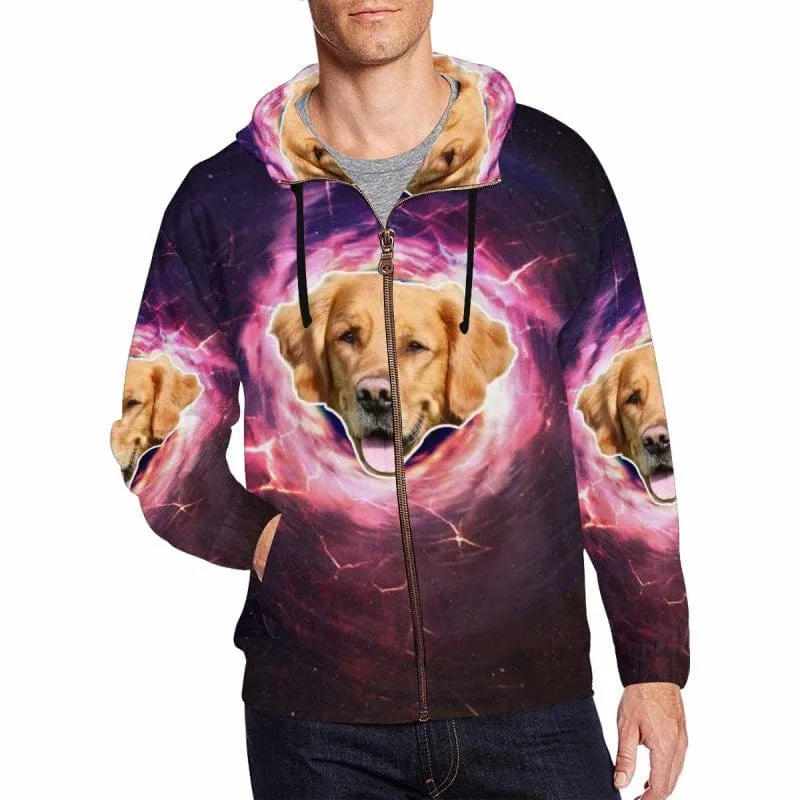 Custom Dog Face Full Zip Hoodie Design Purple Magic Men's All Over Print Hoodie with Pet Photo