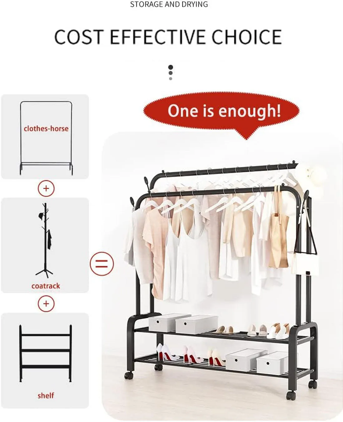 Heavy Duty Portable Double Rail Clothes Garment Hanging Rack Shoe Storage Shelf Organizer Hanger Dryer
