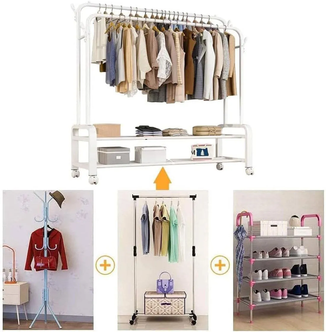 Heavy Duty Portable Double Rail Clothes Garment Hanging Rack Shoe Storage Shelf Organizer Hanger Dryer