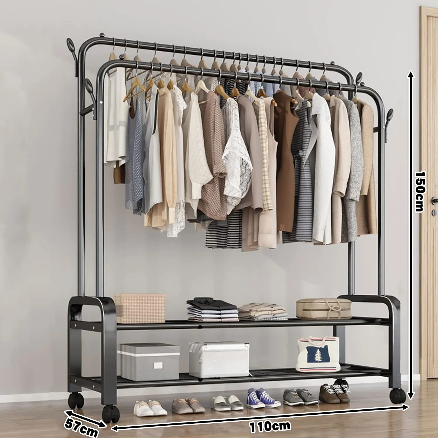 Heavy Duty Portable Double Rail Clothes Garment Hanging Rack Shoe Storage Shelf Organizer Hanger Dryer
