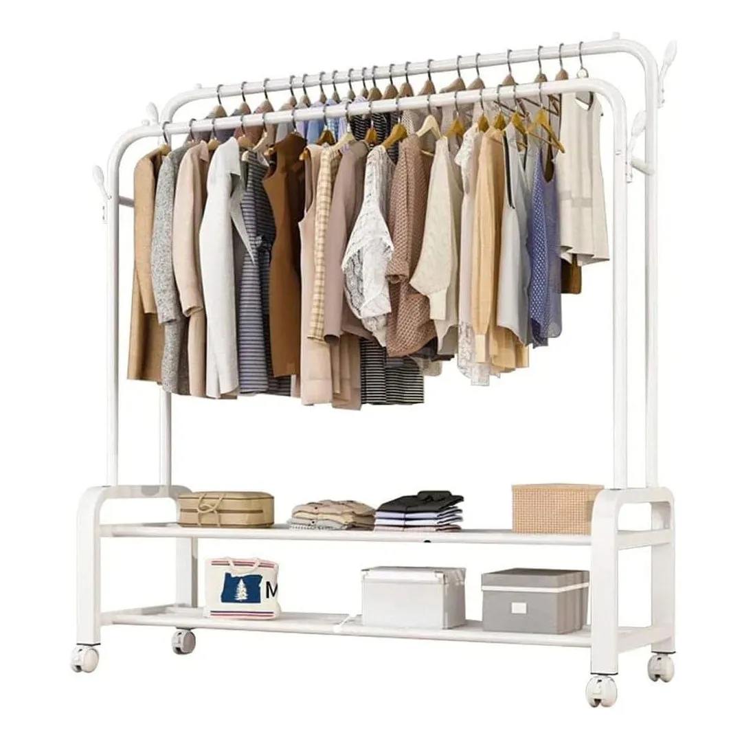 Heavy Duty Portable Double Rail Clothes Garment Hanging Rack Shoe Storage Shelf Organizer Hanger Dryer