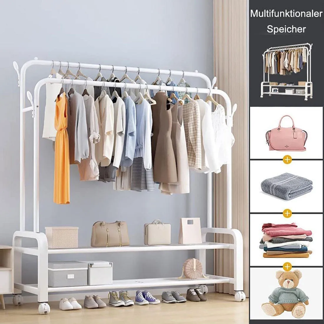 Heavy Duty Portable Double Rail Clothes Garment Hanging Rack Shoe Storage Shelf Organizer Hanger Dryer