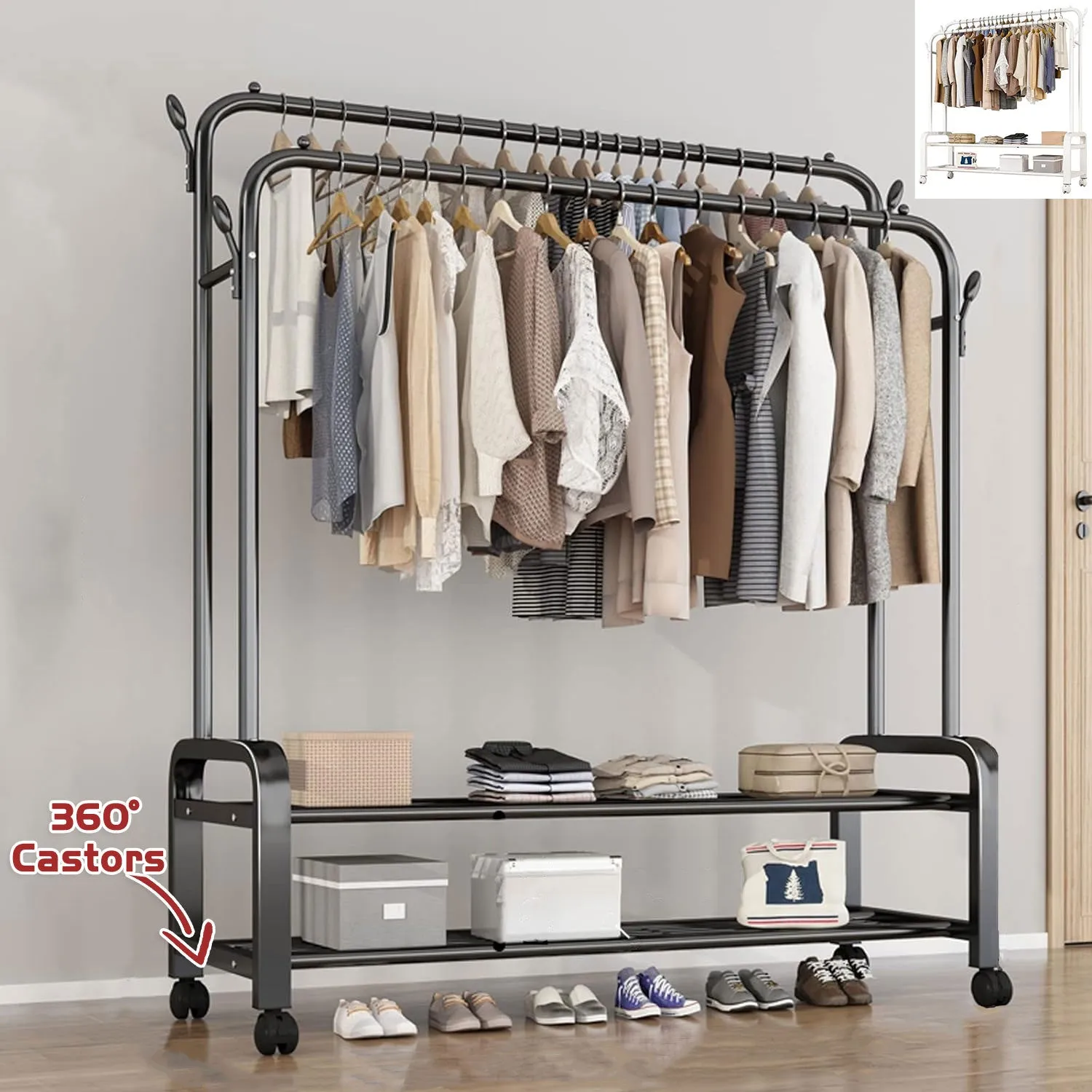 Heavy Duty Portable Double Rail Clothes Garment Hanging Rack Shoe Storage Shelf Organizer Hanger Dryer