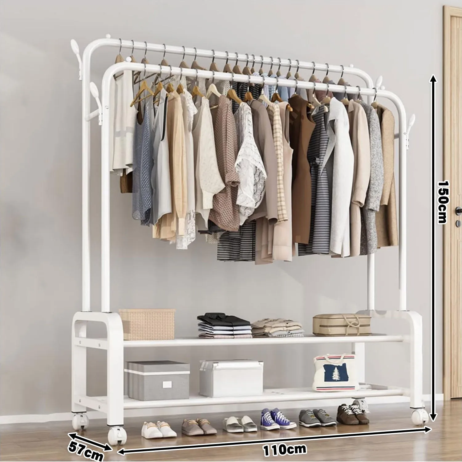 Heavy Duty Portable Double Rail Clothes Garment Hanging Rack Shoe Storage Shelf Organizer Hanger Dryer