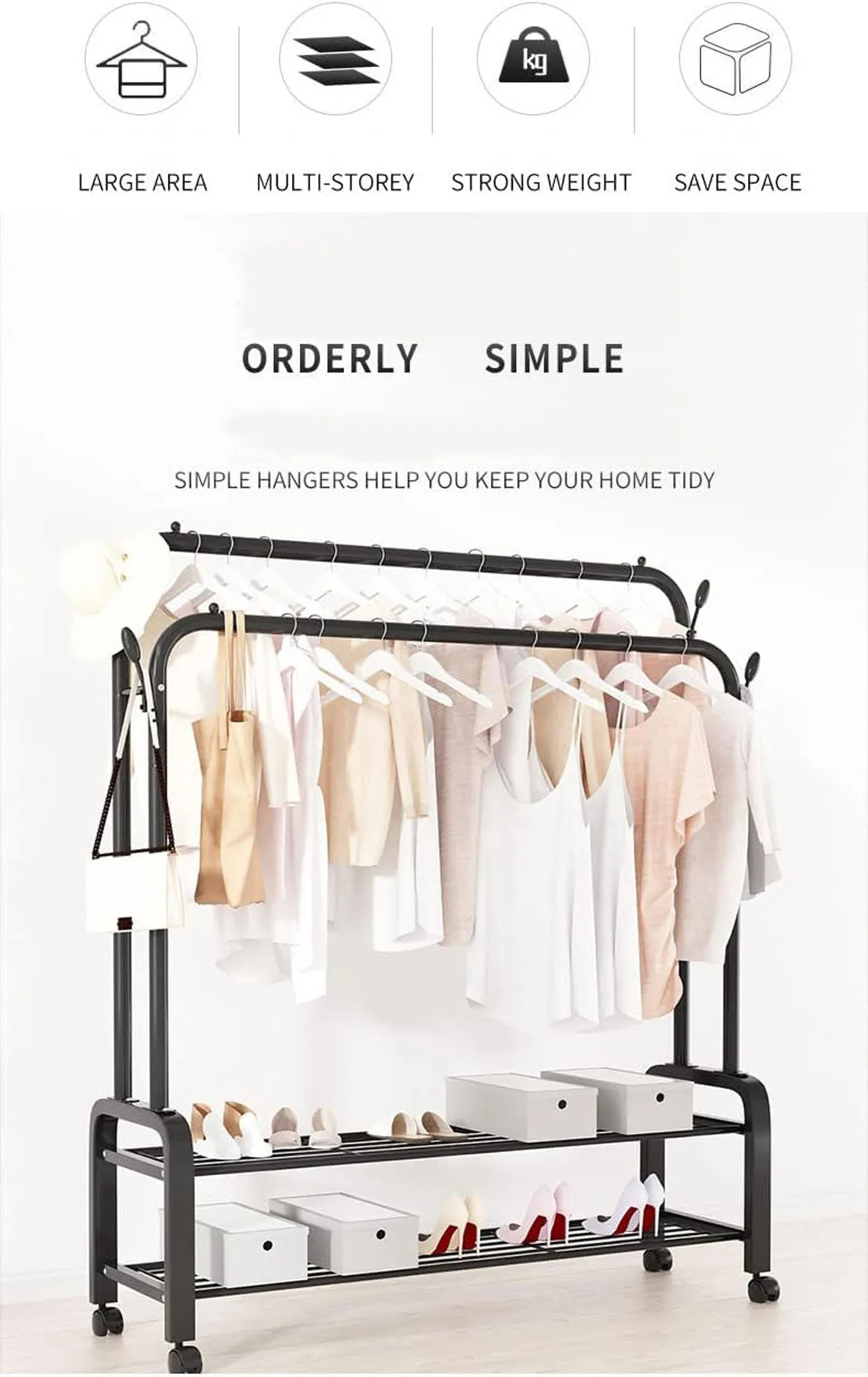 Heavy Duty Portable Double Rail Clothes Garment Hanging Rack Shoe Storage Shelf Organizer Hanger Dryer