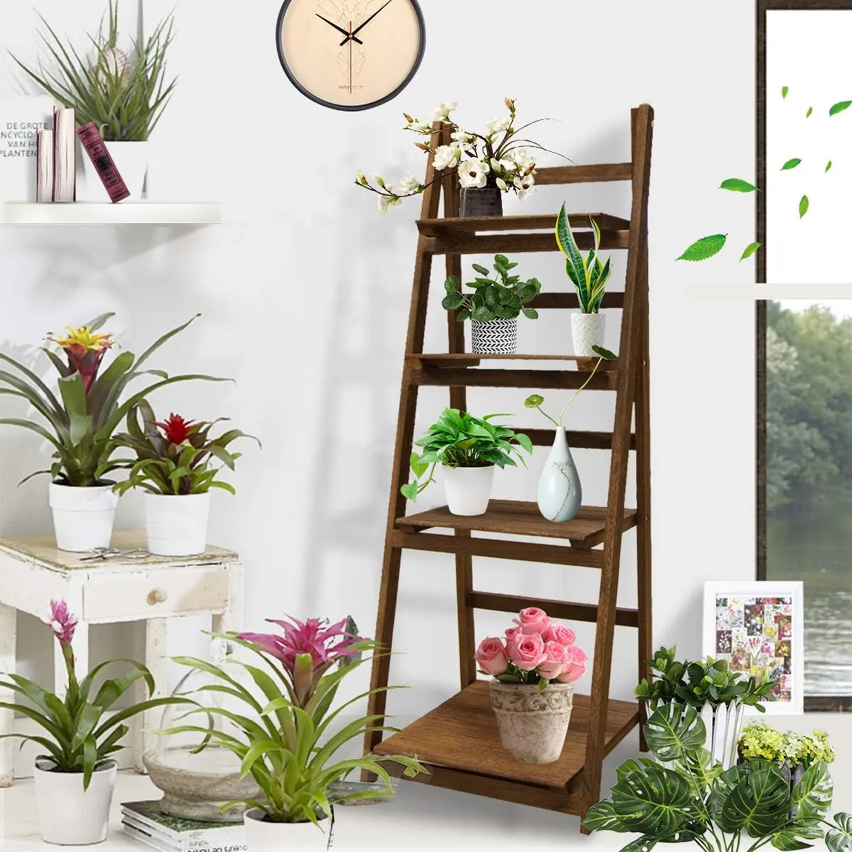 Honest Foldable Plant Shelf,Plant Stand,Indoor Flower Pot Holder,Flower Pot Ladder,Folding A Frame Display Shelf,Patio Rustic Wood Stand with Shelves,4 Tier Stand Outdoor,Free Standing(Brown)