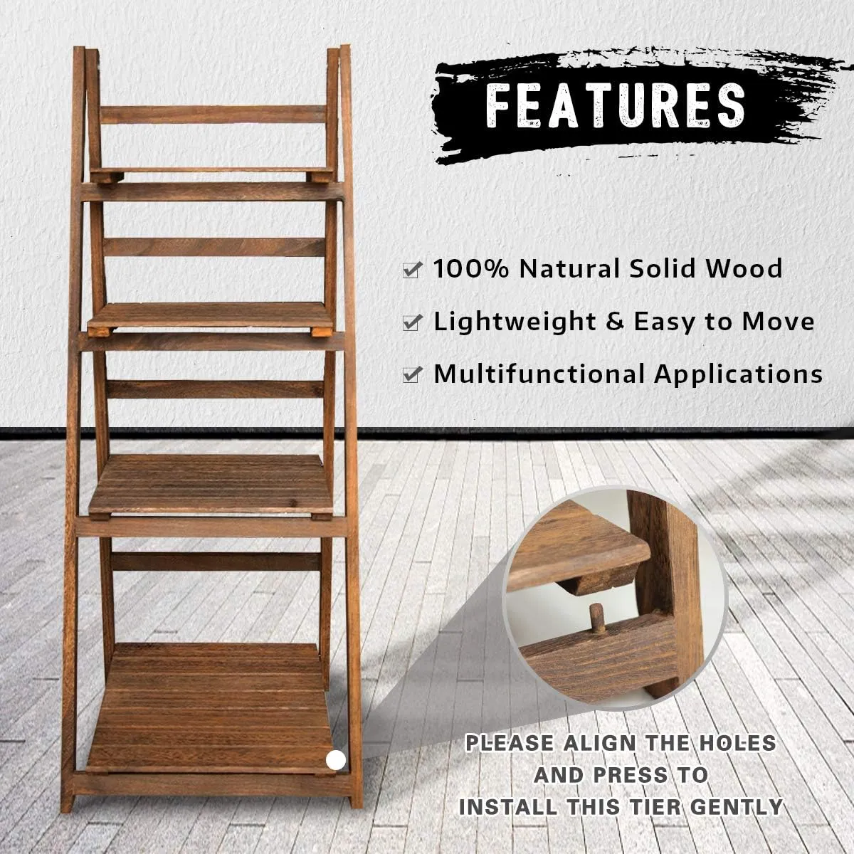 Honest Foldable Plant Shelf,Plant Stand,Indoor Flower Pot Holder,Flower Pot Ladder,Folding A Frame Display Shelf,Patio Rustic Wood Stand with Shelves,4 Tier Stand Outdoor,Free Standing(Brown)
