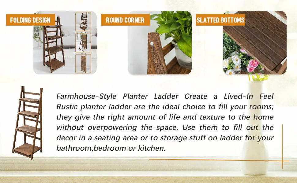 Honest Foldable Plant Shelf,Plant Stand,Indoor Flower Pot Holder,Flower Pot Ladder,Folding A Frame Display Shelf,Patio Rustic Wood Stand with Shelves,4 Tier Stand Outdoor,Free Standing(Brown)