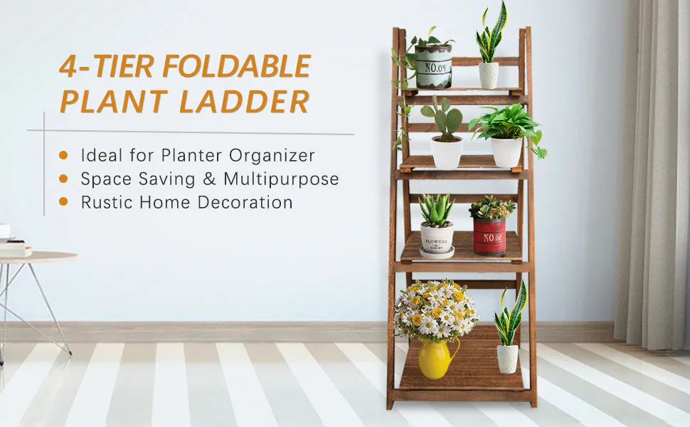 Honest Foldable Plant Shelf,Plant Stand,Indoor Flower Pot Holder,Flower Pot Ladder,Folding A Frame Display Shelf,Patio Rustic Wood Stand with Shelves,4 Tier Stand Outdoor,Free Standing(Brown)