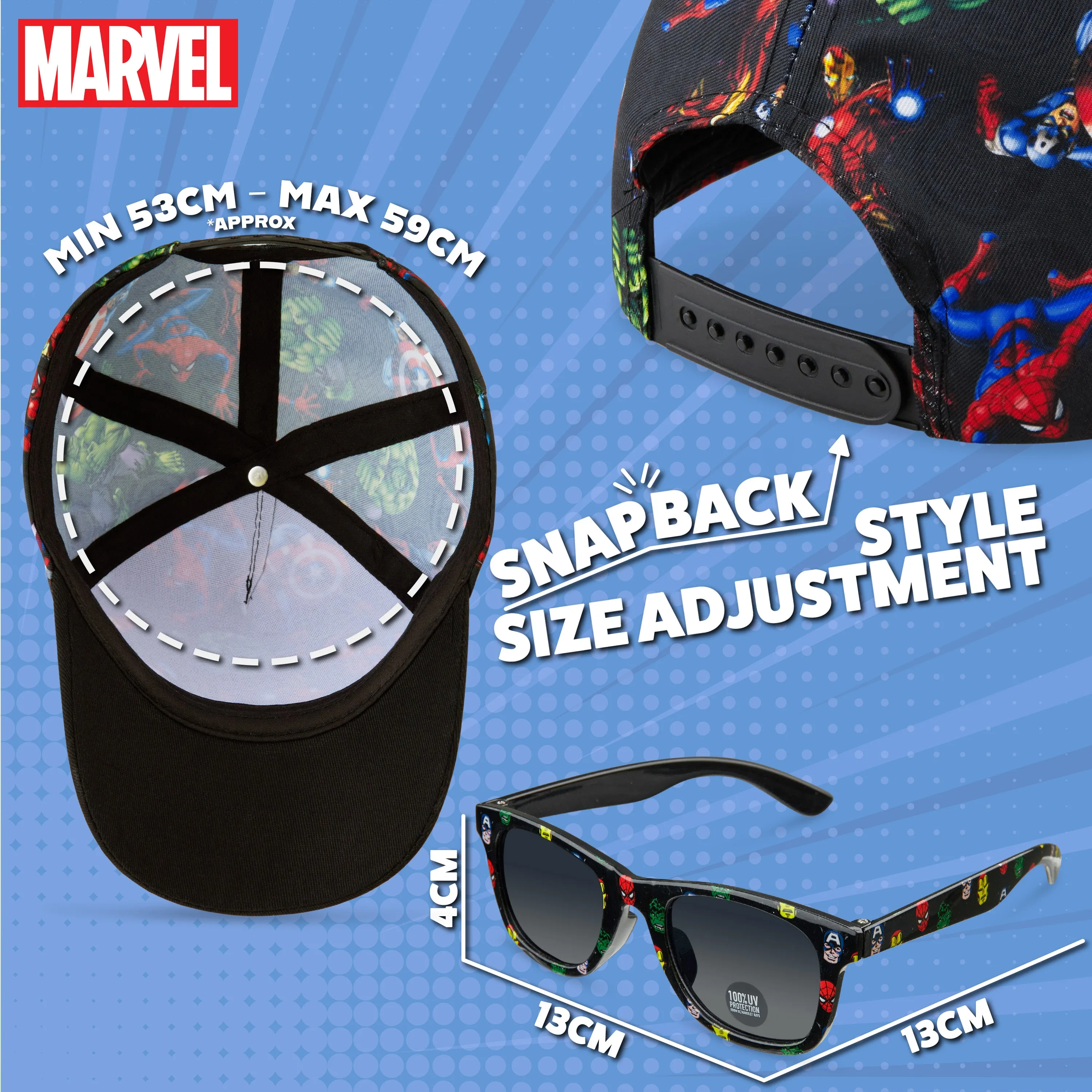 Marvel Baseball Cap and Kids Sunglasses -Boys 100% UV Protection Breathable Hat