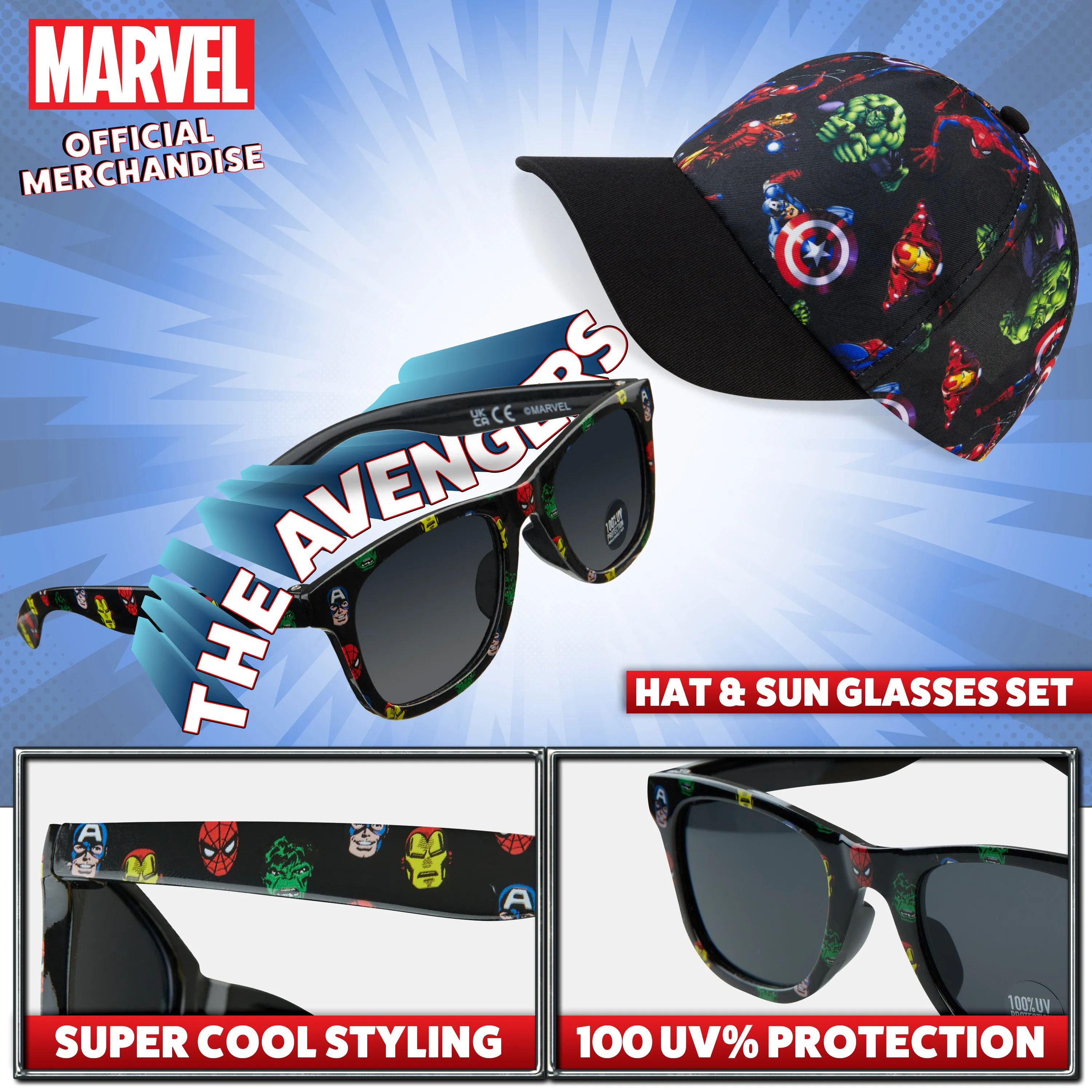 Marvel Baseball Cap and Kids Sunglasses -Boys 100% UV Protection Breathable Hat