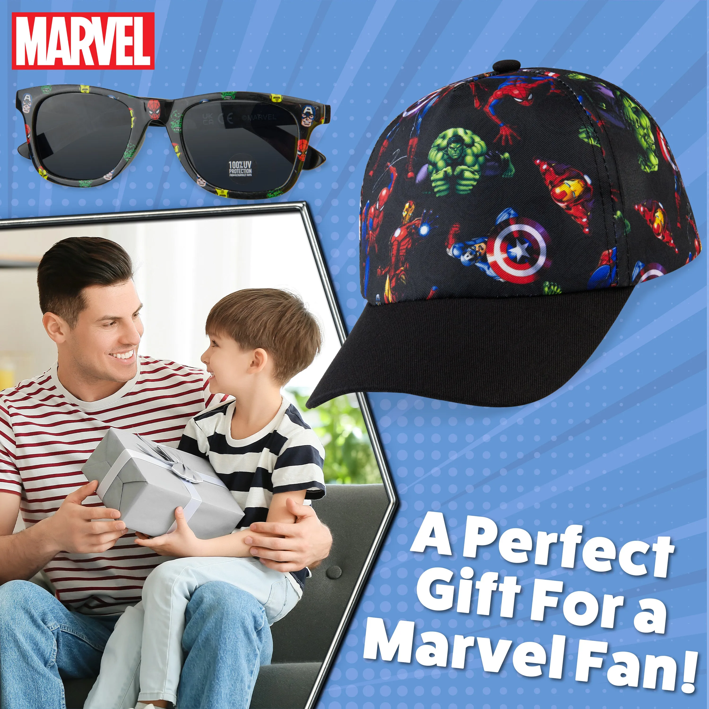 Marvel Baseball Cap and Kids Sunglasses -Boys 100% UV Protection Breathable Hat
