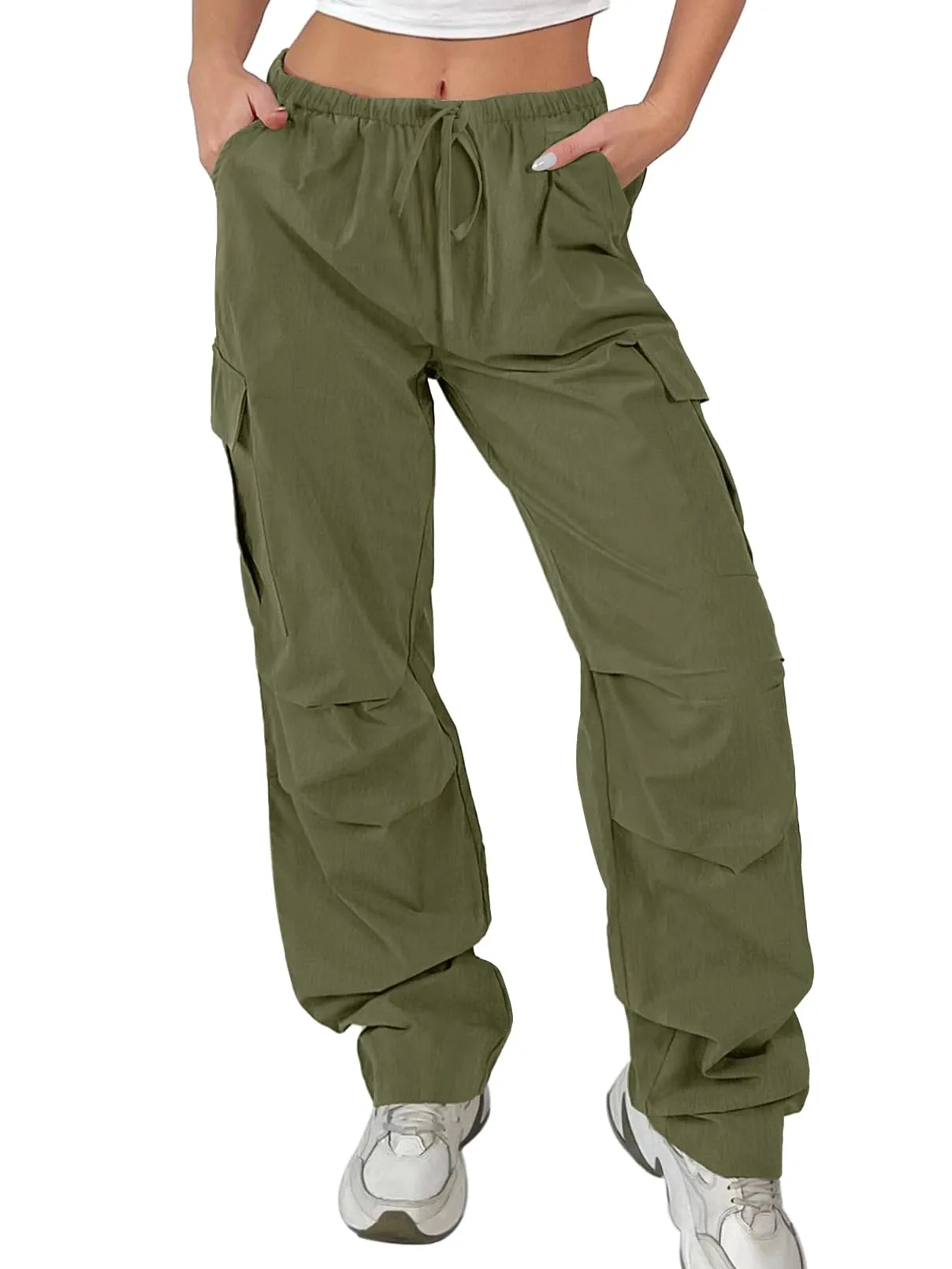 MEROKEETY Y2K Baggy Drawstring Elastic Waist Parachute Cargo Pants