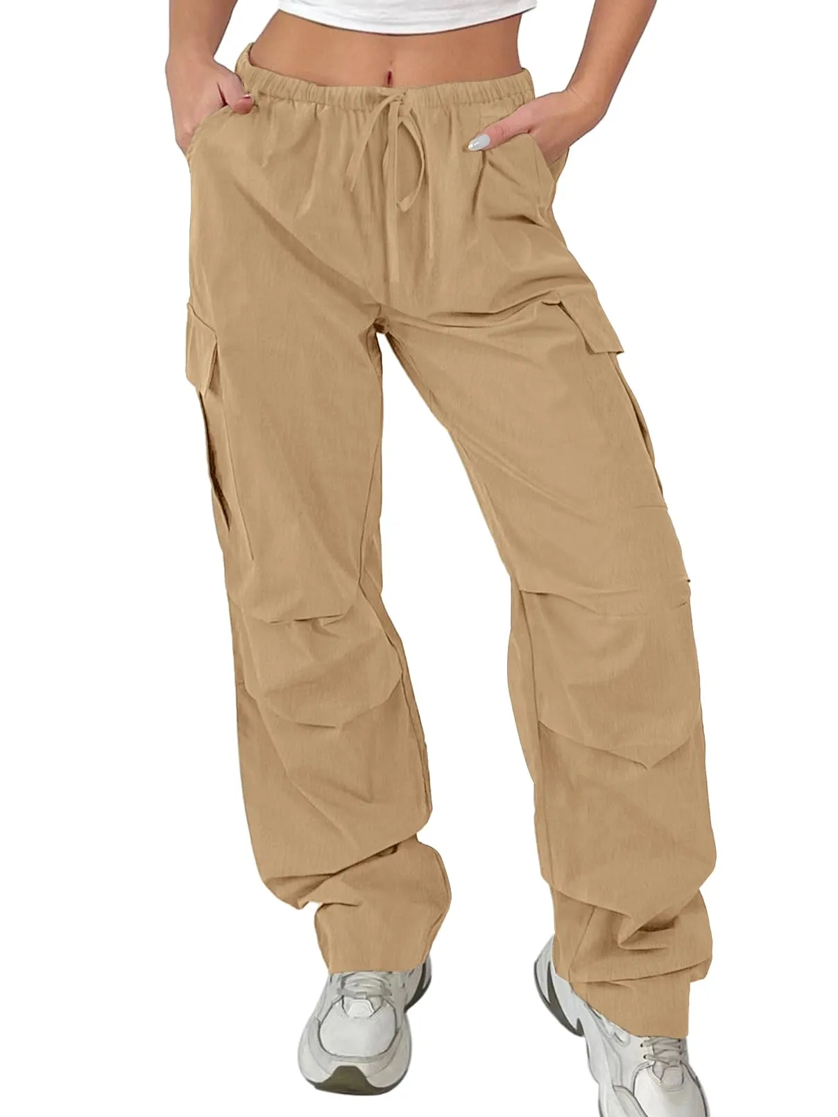 MEROKEETY Y2K Baggy Drawstring Elastic Waist Parachute Cargo Pants