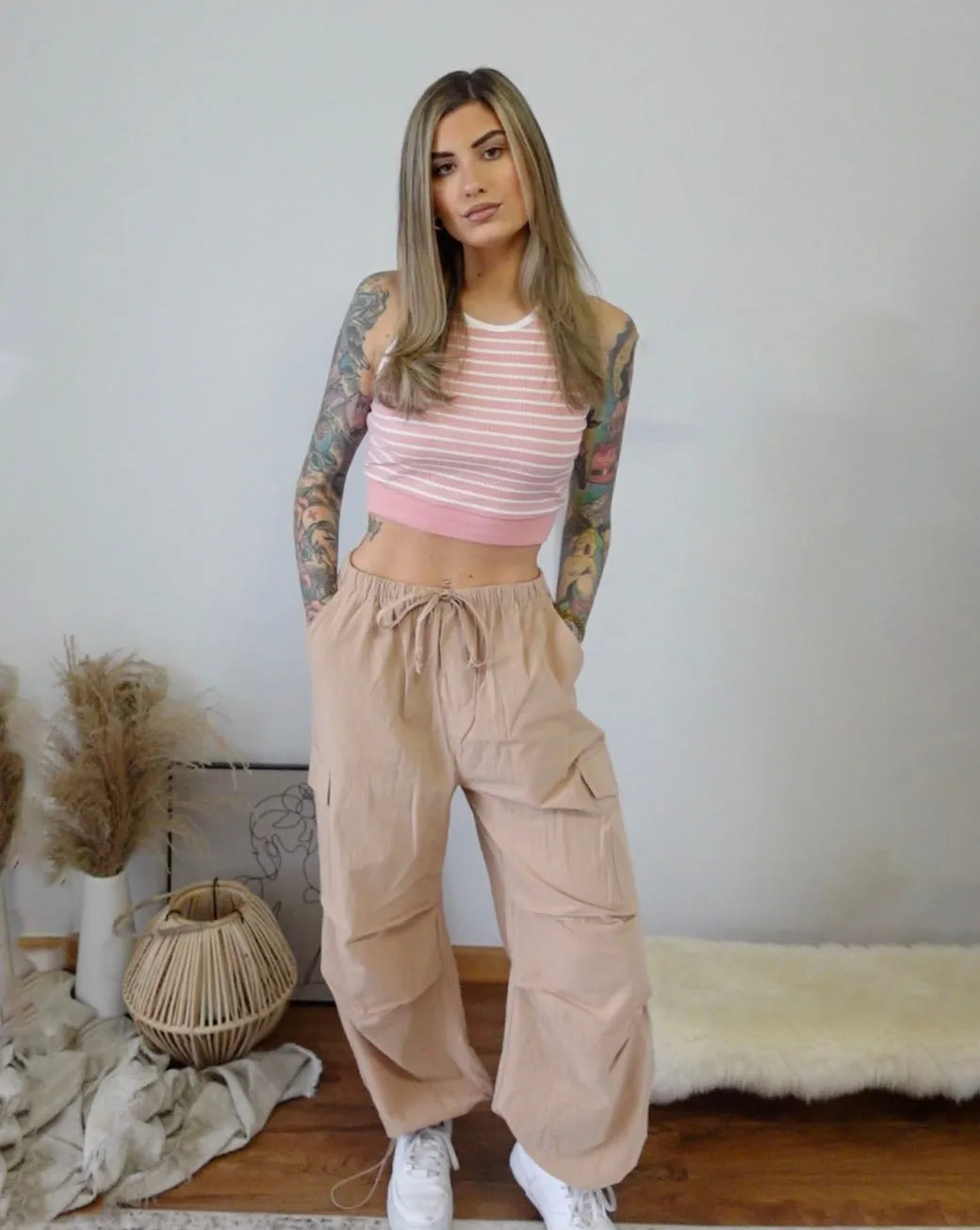 MEROKEETY Y2K Baggy Drawstring Elastic Waist Parachute Cargo Pants