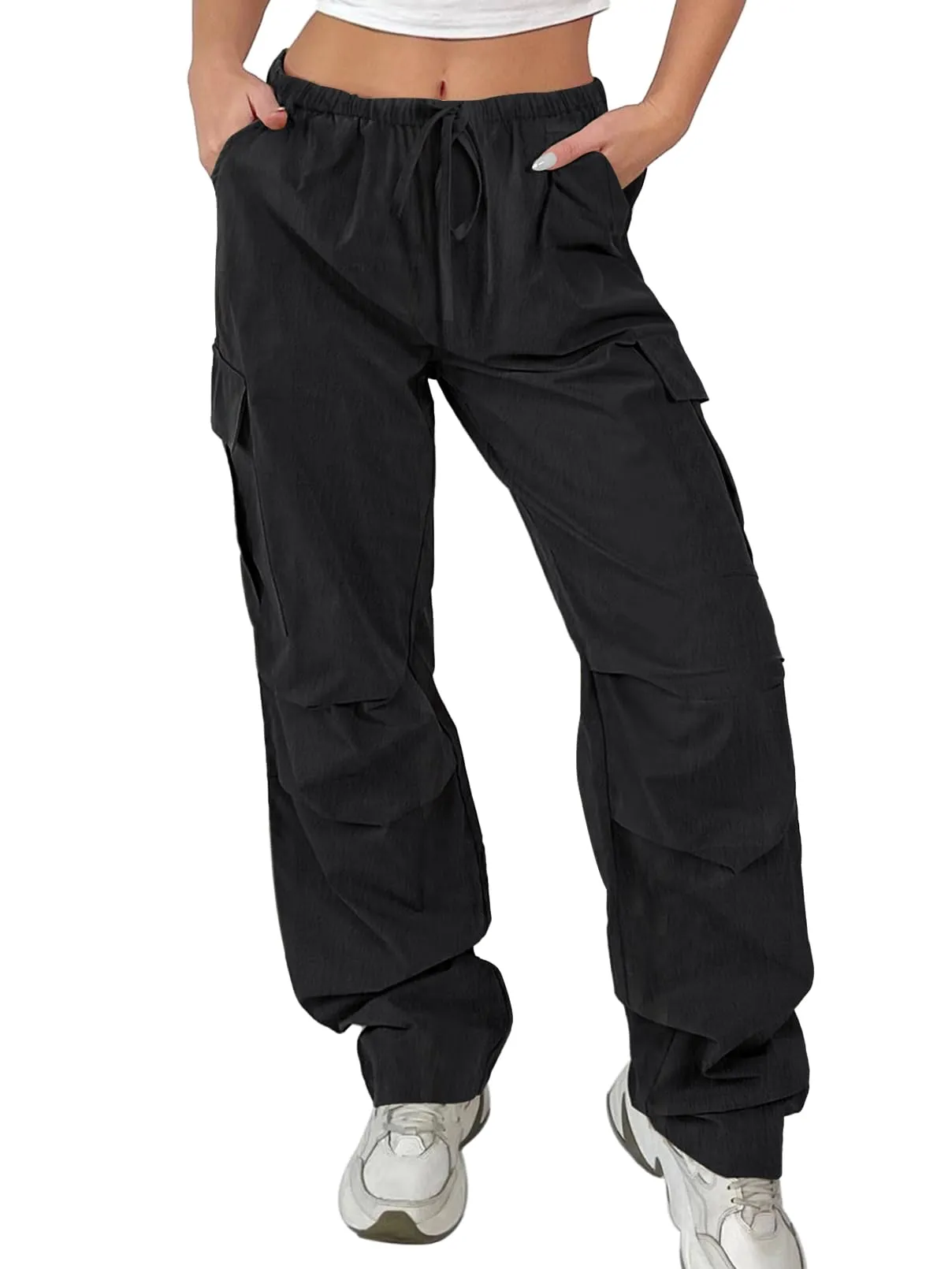 MEROKEETY Y2K Baggy Drawstring Elastic Waist Parachute Cargo Pants