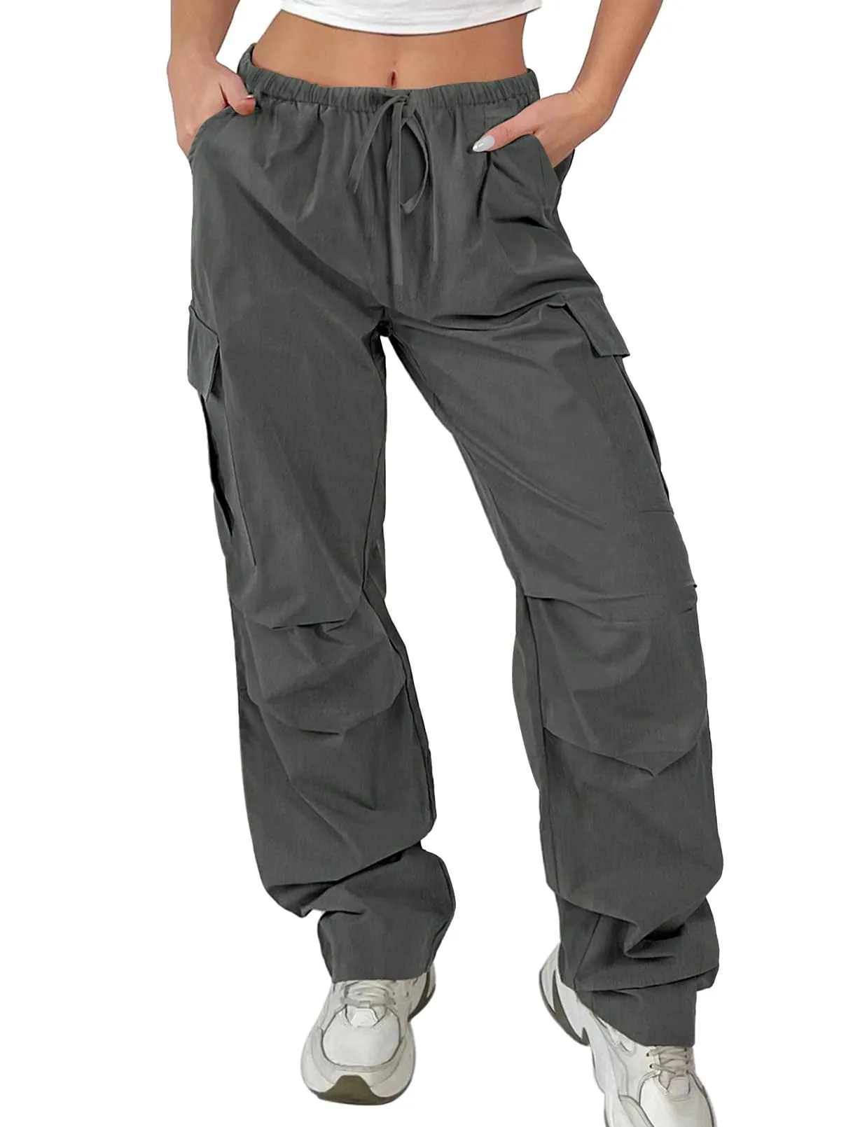 MEROKEETY Y2K Baggy Drawstring Elastic Waist Parachute Cargo Pants
