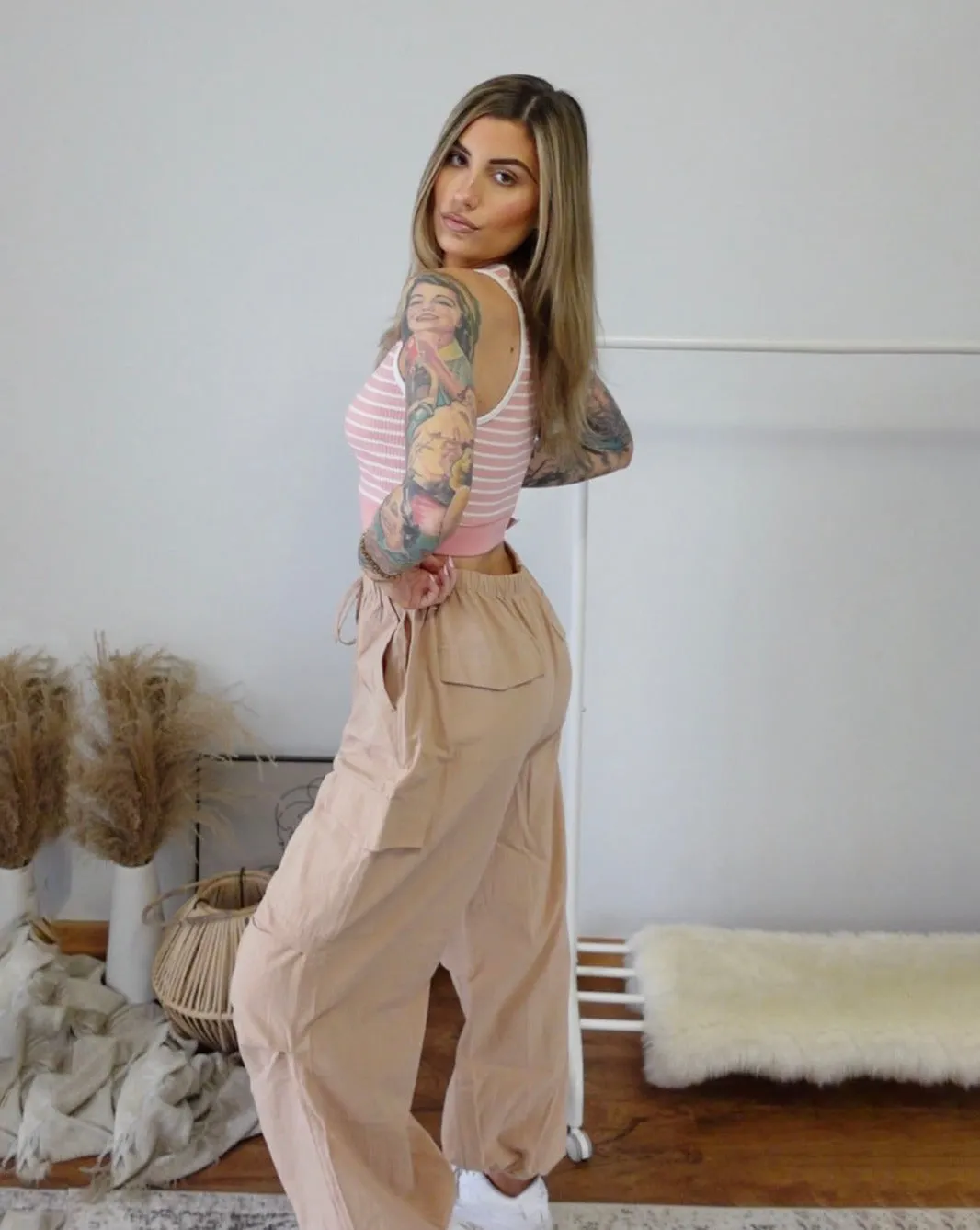 MEROKEETY Y2K Baggy Drawstring Elastic Waist Parachute Cargo Pants