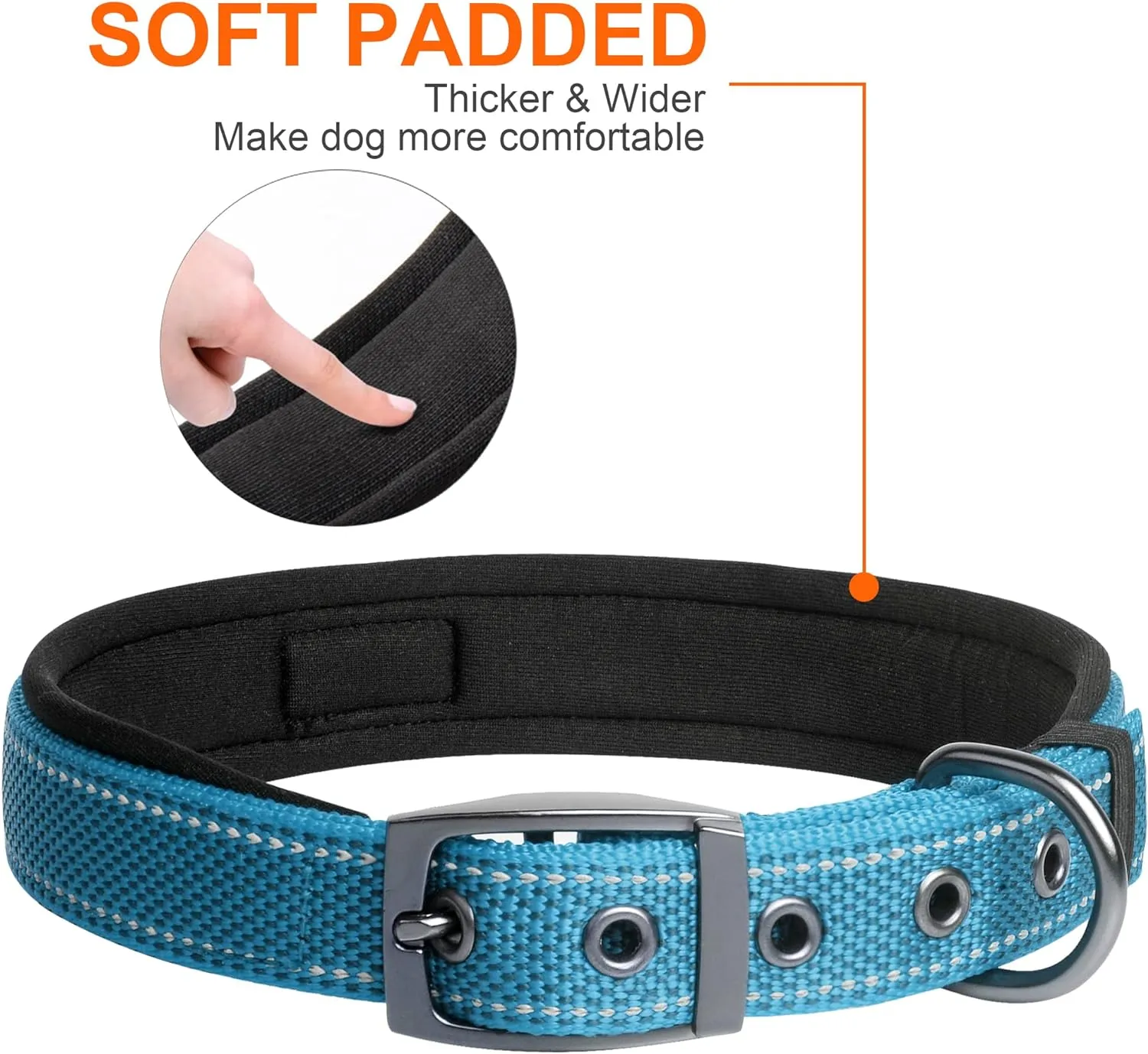 NEW Fida Heavy Duty Dog Collar, Ultra Comfortable Soft Neoprene Padded, Adjustable Reflective Nylon Pet Collar with Durable Metal Belt Buckle for Medium Breeds (M, Blue)