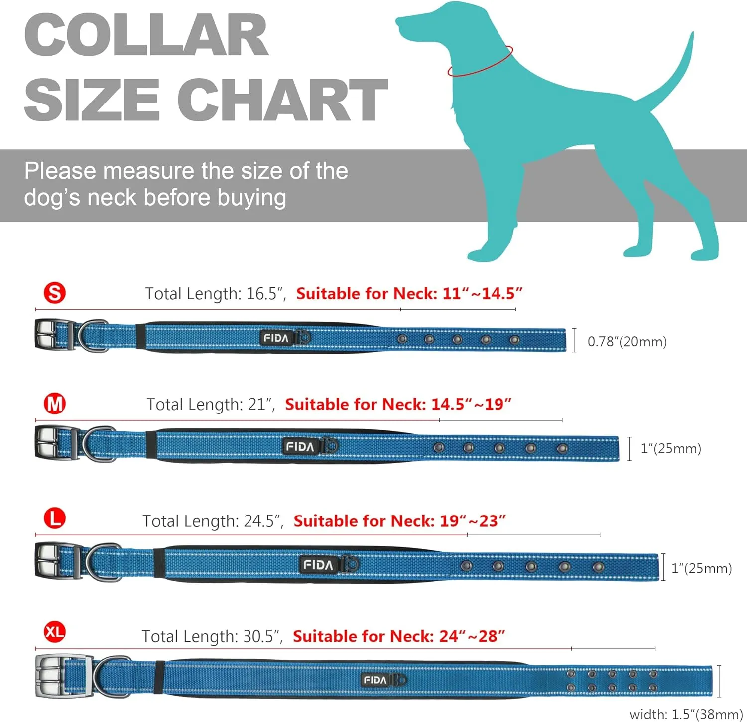 NEW Fida Heavy Duty Dog Collar, Ultra Comfortable Soft Neoprene Padded, Adjustable Reflective Nylon Pet Collar with Durable Metal Belt Buckle for Medium Breeds (M, Blue)