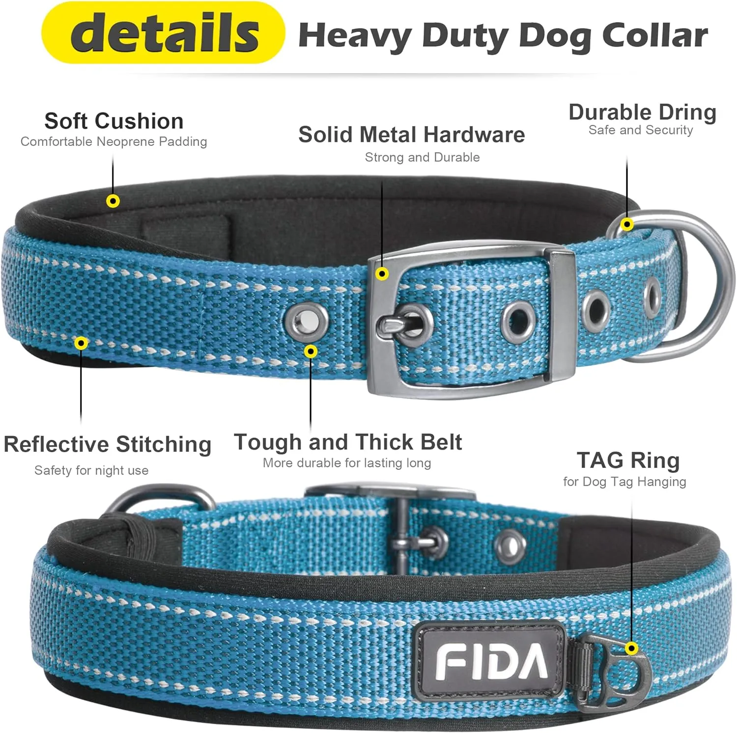 NEW Fida Heavy Duty Dog Collar, Ultra Comfortable Soft Neoprene Padded, Adjustable Reflective Nylon Pet Collar with Durable Metal Belt Buckle for Medium Breeds (M, Blue)